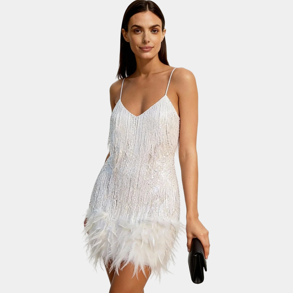 Women's sequin feather mini dress in white – spaghetti strap front view