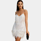 Women's sequin feather mini dress in white – spaghetti strap front view