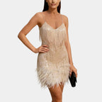 Champagne sequin feather mini dress – spaghetti strap front view