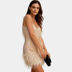Champagne sequin feather mini dress – spaghetti strap side view