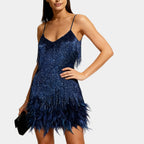 Navy sequin feather mini dress – spaghetti strap front view