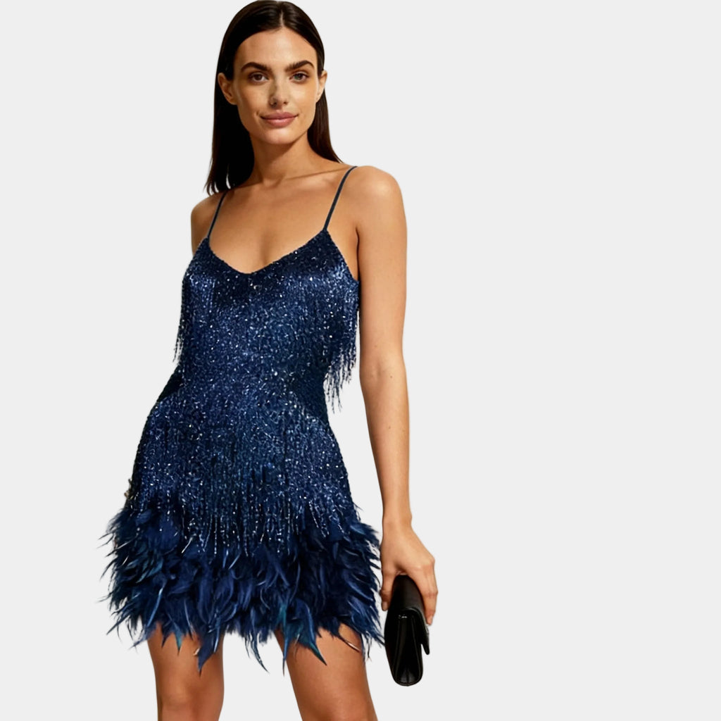 Women's navy sequin feather hem party dress – full length view