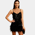 Sequin feather mini dress in black – spaghetti strap front view