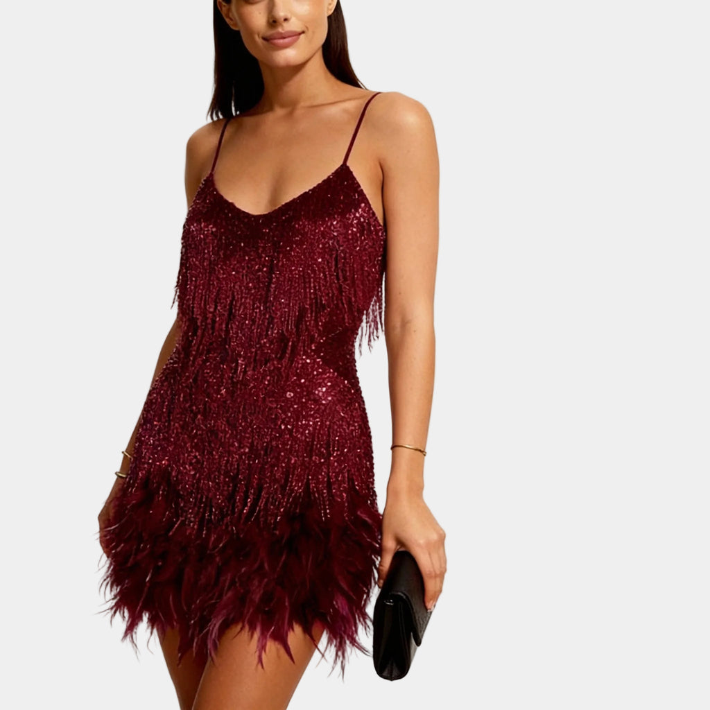 Burgundy sequin feather mini dress – full length front view