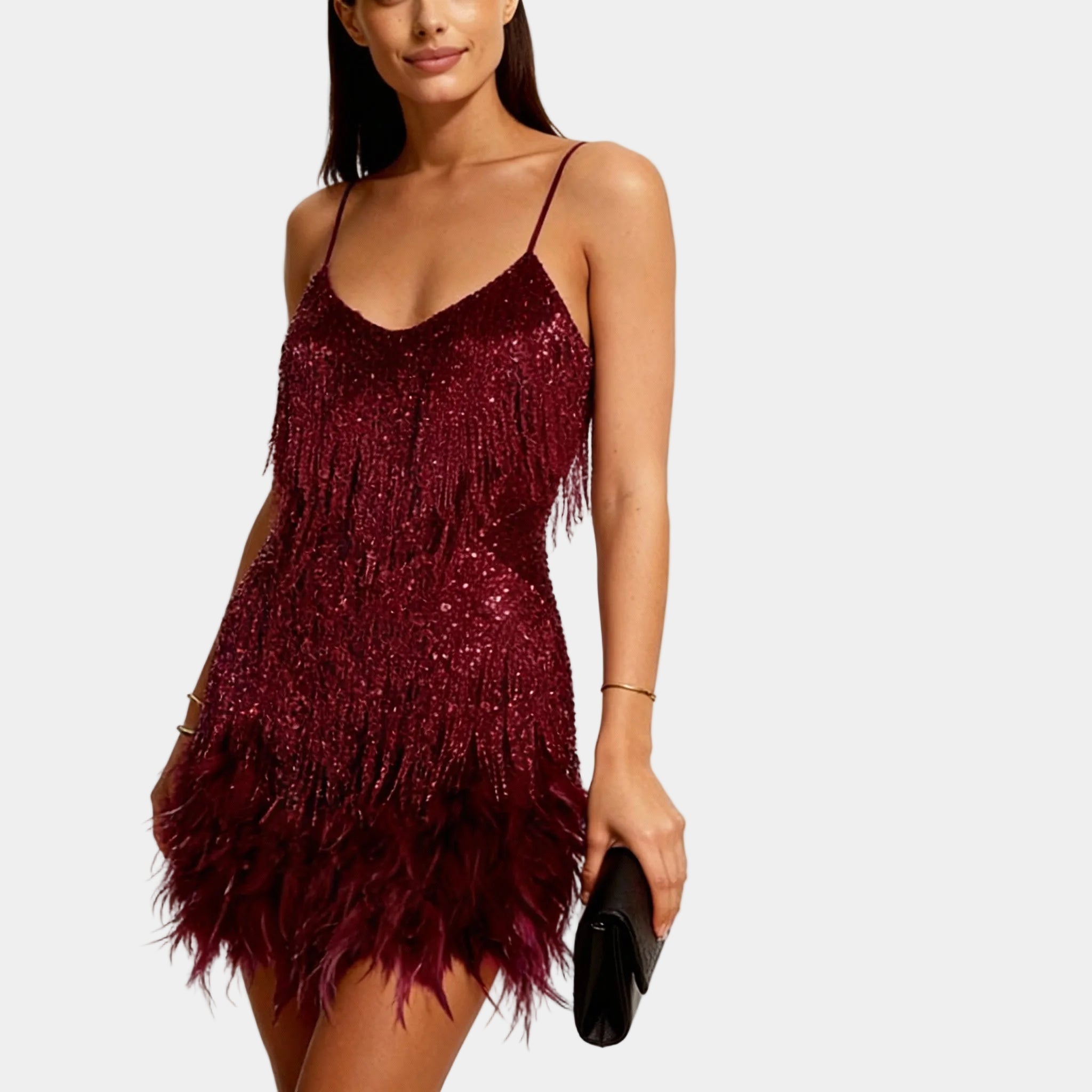 Burgundy sequin feather mini dress – full length front view