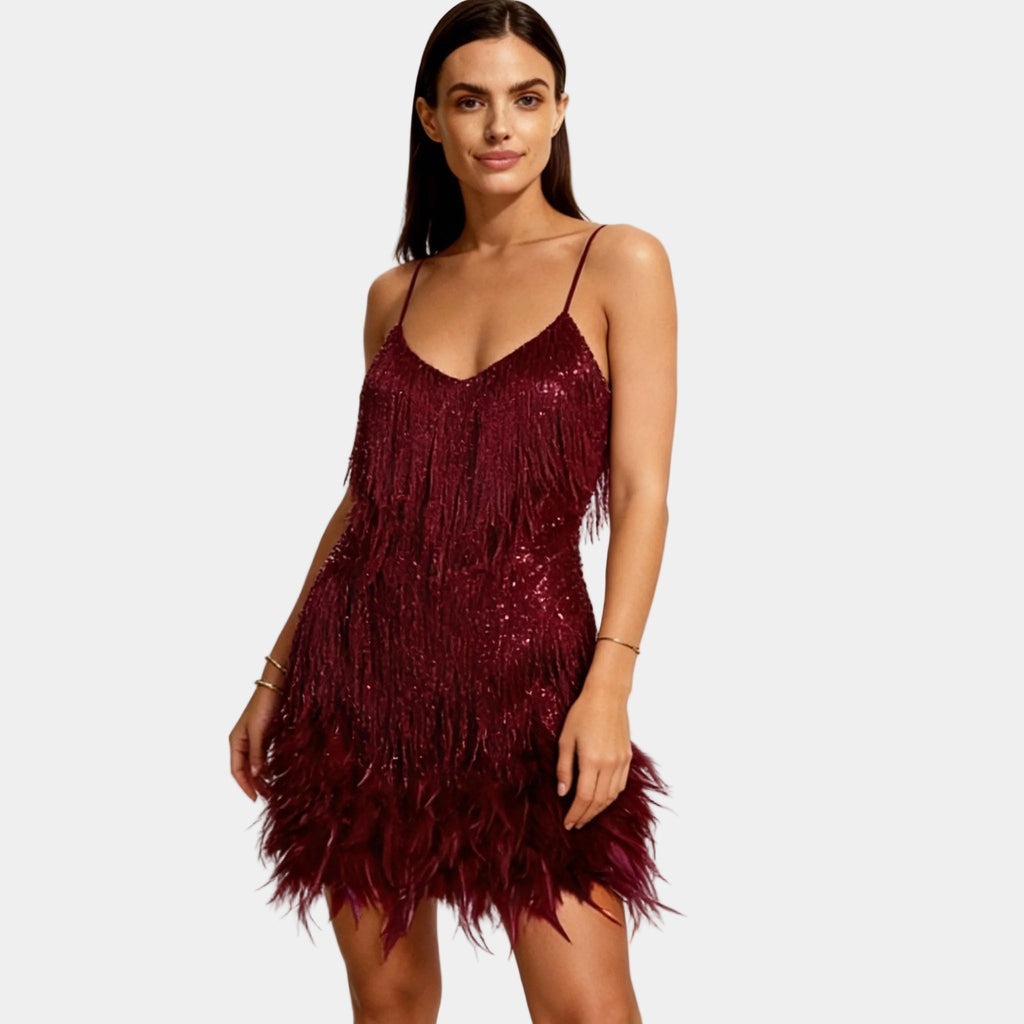 Burgundy sequin feather trim mini dress – spaghetti strap front view