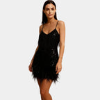 Black sequin party mini dress with feather trim – front view