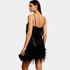 Women's sequin feather mini dress in black – back view