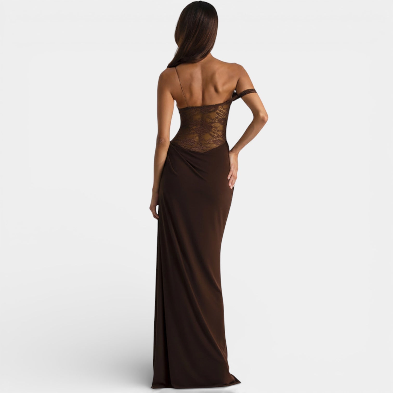 Women’s Lace Bodice Evening Gown – Off-Shoulder Draped Maxi Dress