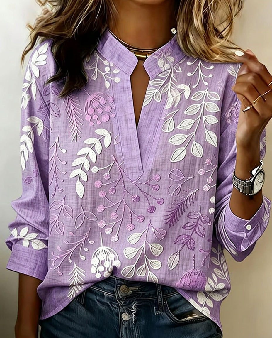 Women's Eleni floral high-neck blouse in purple, front view