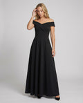 Women's off-shoulder long evening dress in black, full body front view