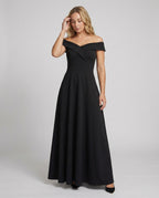 Women's off-shoulder long evening dress in black, full body front view