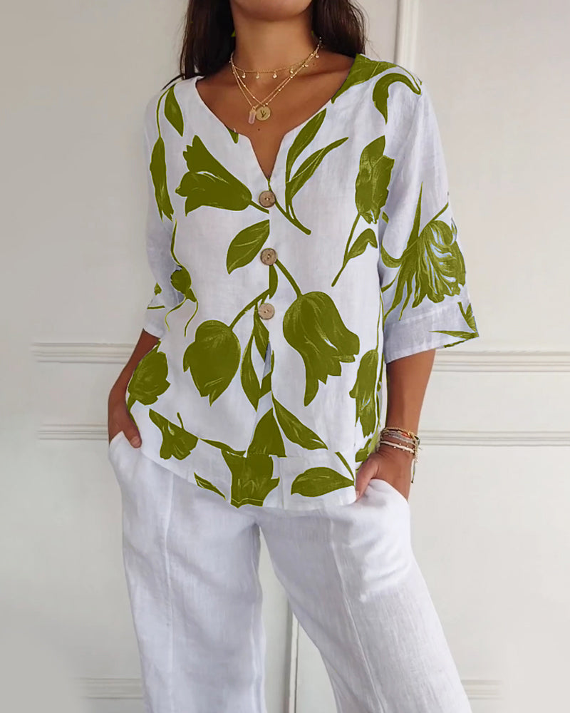 Floral Print Three Quarter Sleeve Cotton Linen Blouse