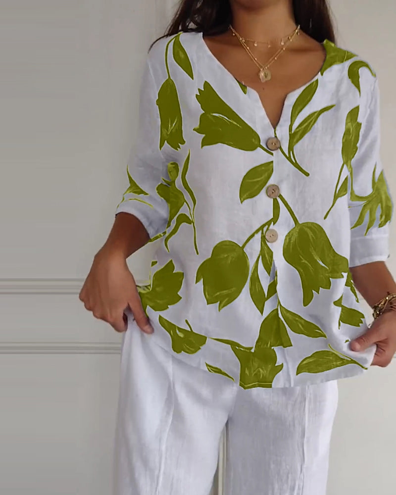 Floral Print Three Quarter Sleeve Cotton Linen Blouse