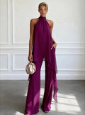 Halter neck chiffon top and wide-leg trousers set in blue, back view