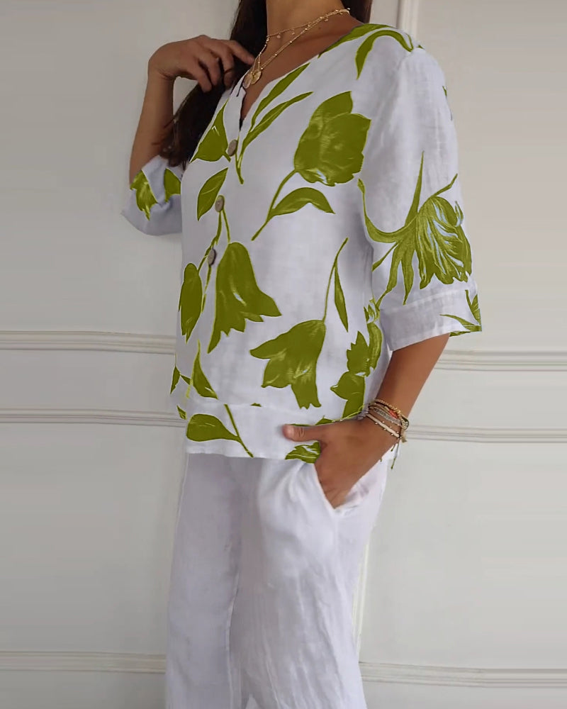 Floral Print Three Quarter Sleeve Cotton Linen Blouse
