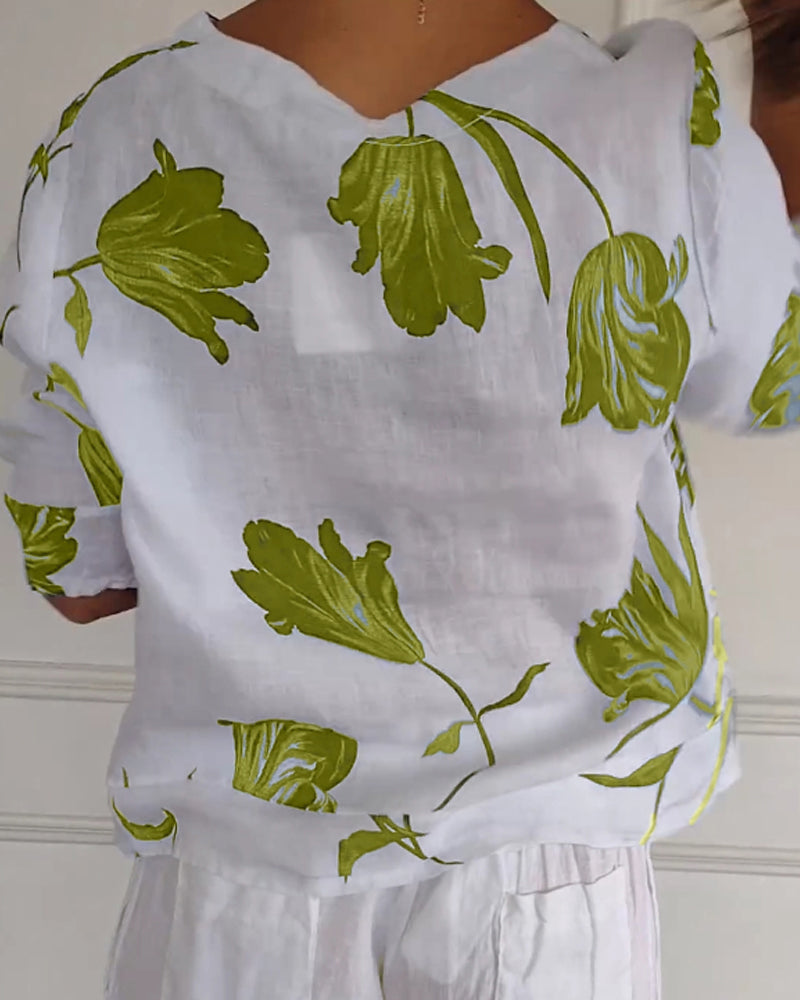 Floral Print Three Quarter Sleeve Cotton Linen Blouse