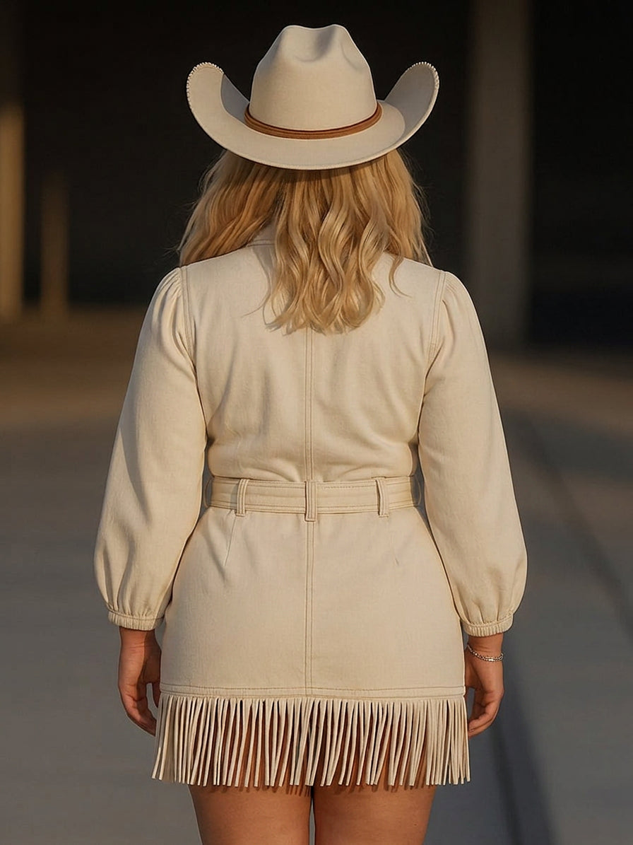 Retro Fringe Denim Mini Dress with Cowboy-Style Detailing