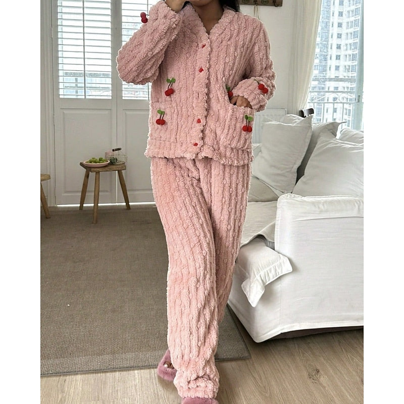 Pink fluffy cherry-detail Loungewear Set