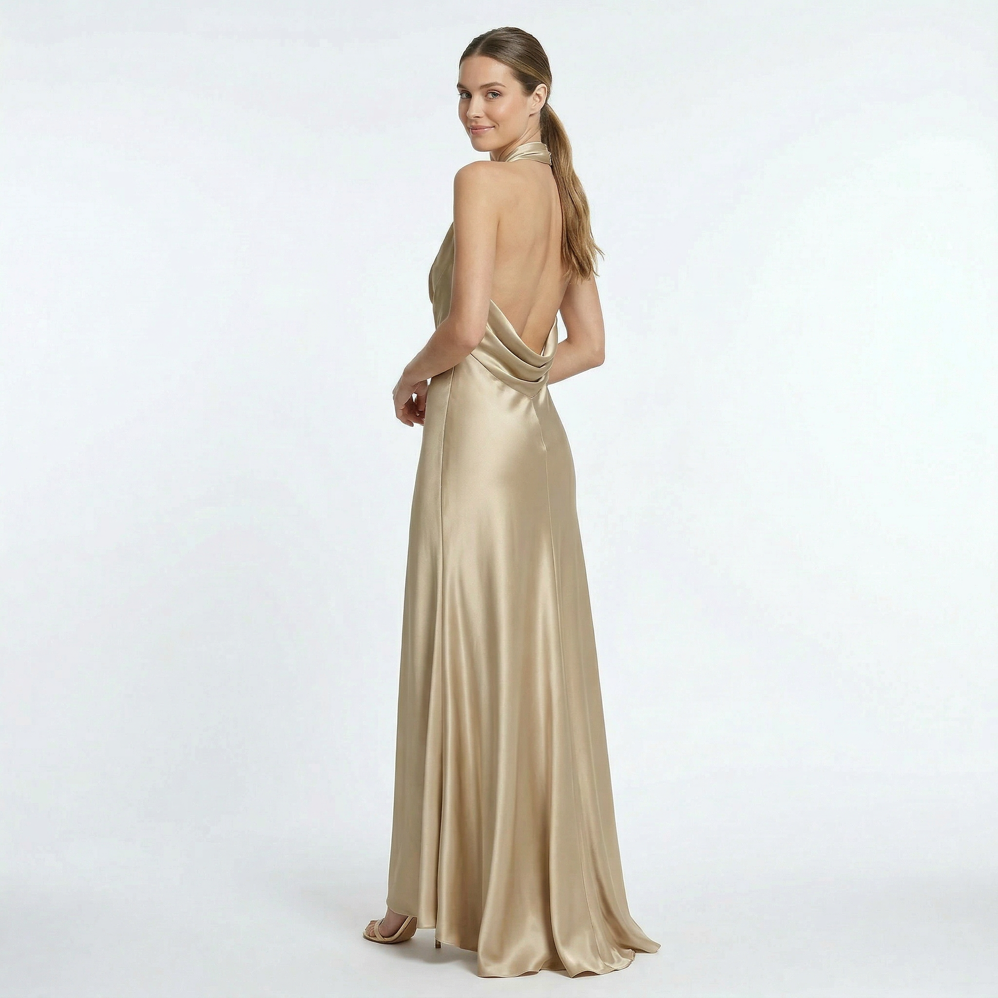 Halter neck satin dress side profile view