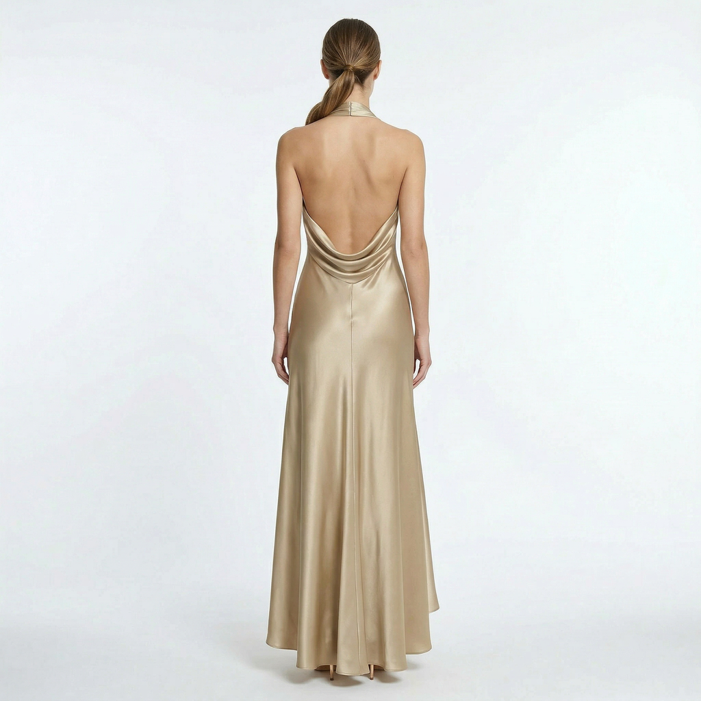 Satin maxi dress back view full length formal
