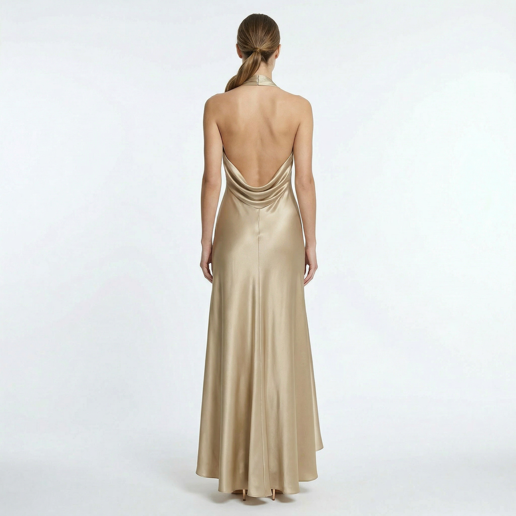 Satin maxi dress back view full length formal