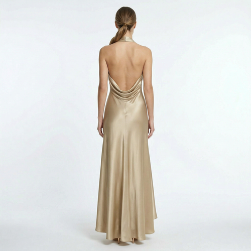 Satin maxi dress back view full length formal