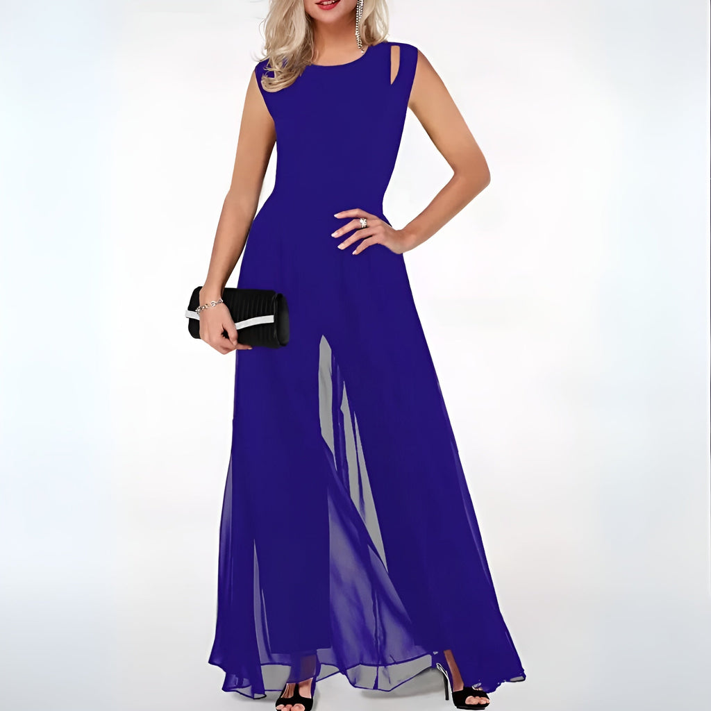 Women's Sheer Overlay Sleeveless Wide-Leg Jumpsuit chiffon detail - Elegant Wedding Guest Jumpsuit
