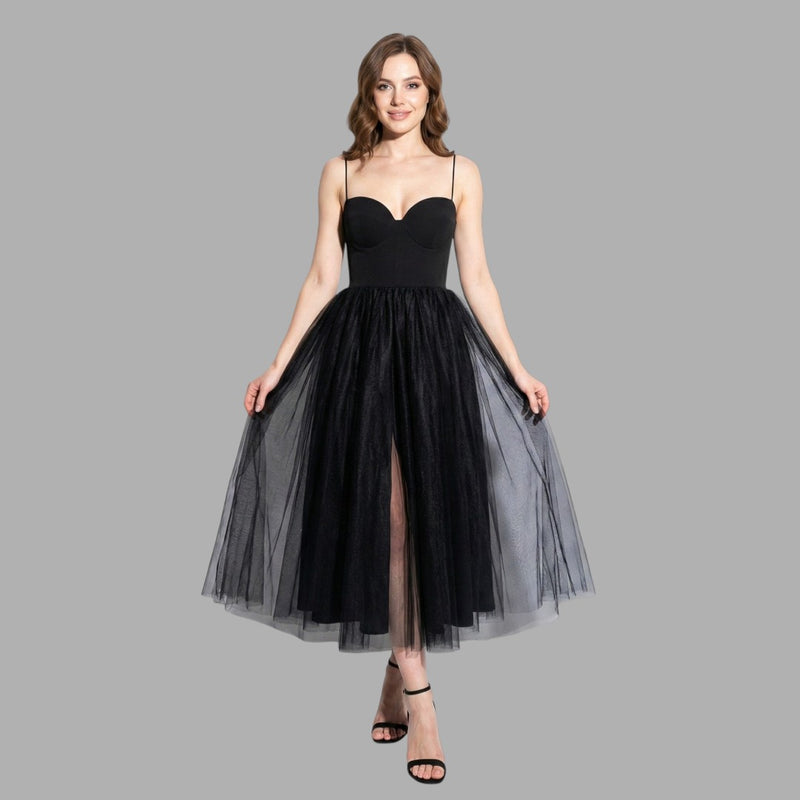 Women's black tulle midi dress – sleeveless layered skirt side slit front view
