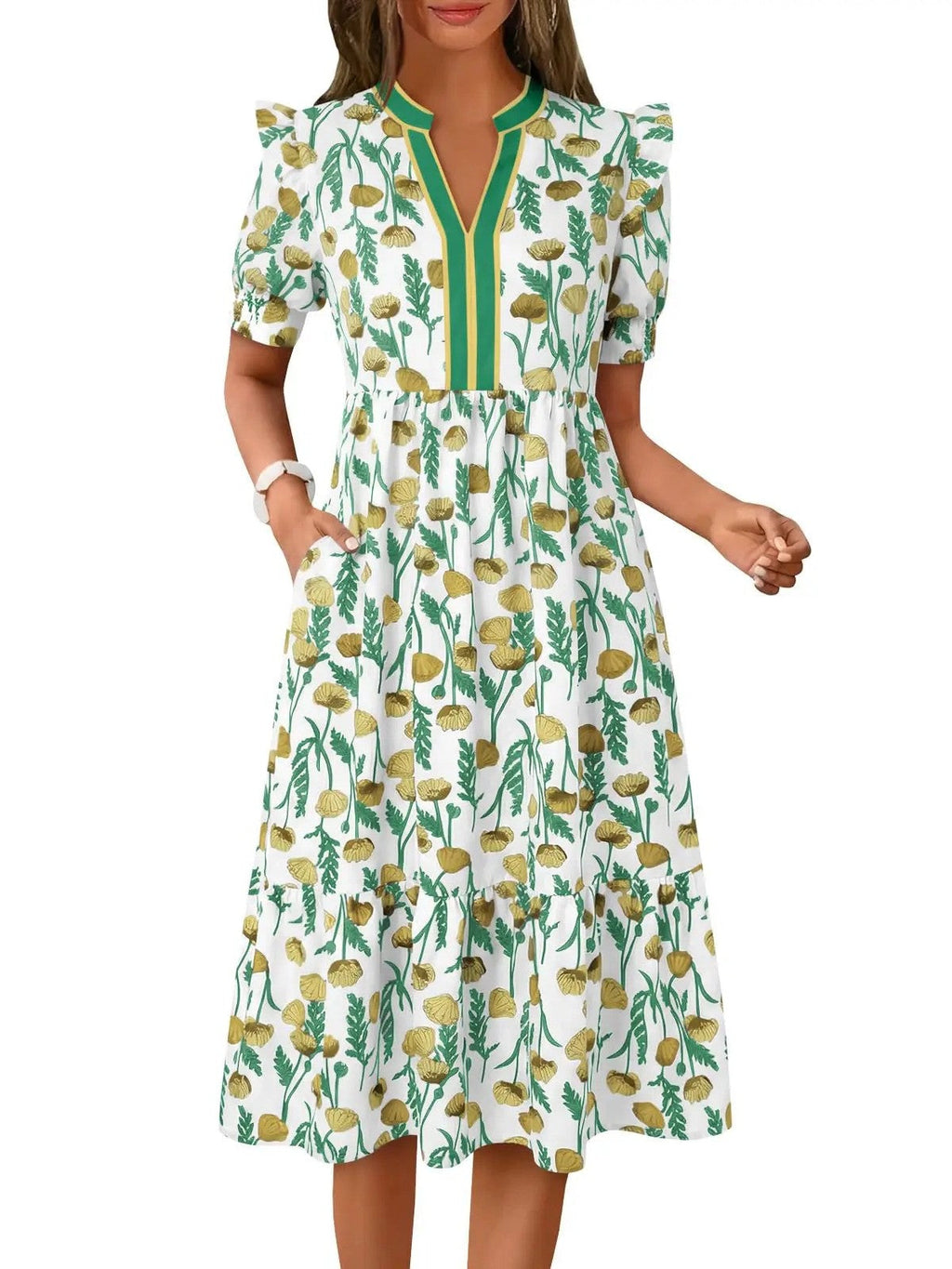 Contrasting trim V-neckline detail on floral puff sleeve midi dress