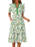 Contrasting trim V-neckline detail on floral puff sleeve midi dress