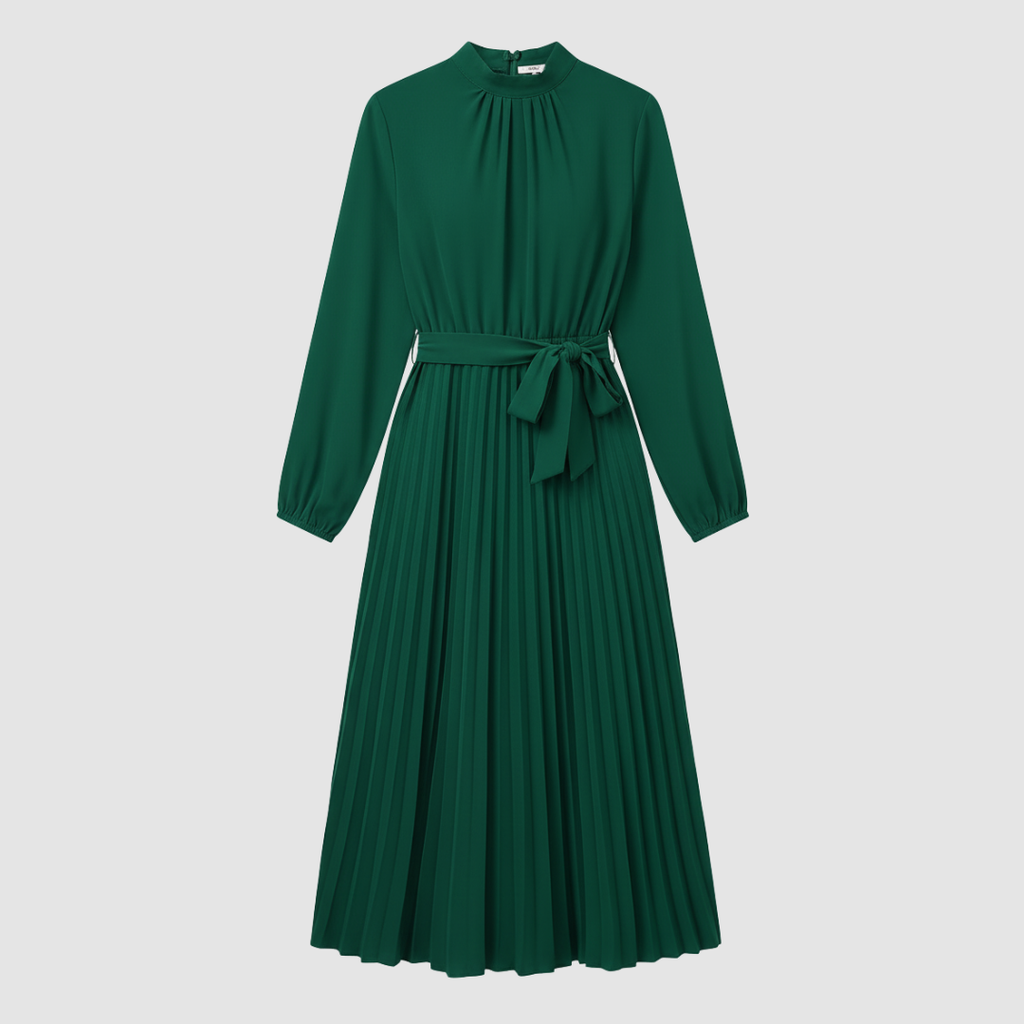 Women's long pleated dress with belt, second colour front view