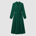 Women's long pleated dress with belt, second colour front view