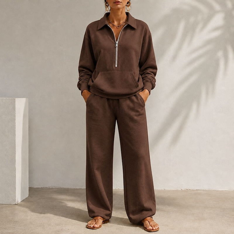 Dark Brown relaxed zip-collar Co-Ord Set