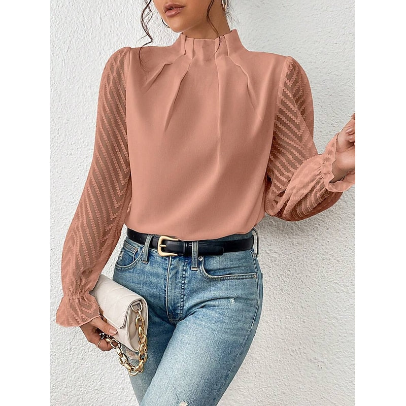 High-Neck Long Sleeve Blouse with Pleated Detail