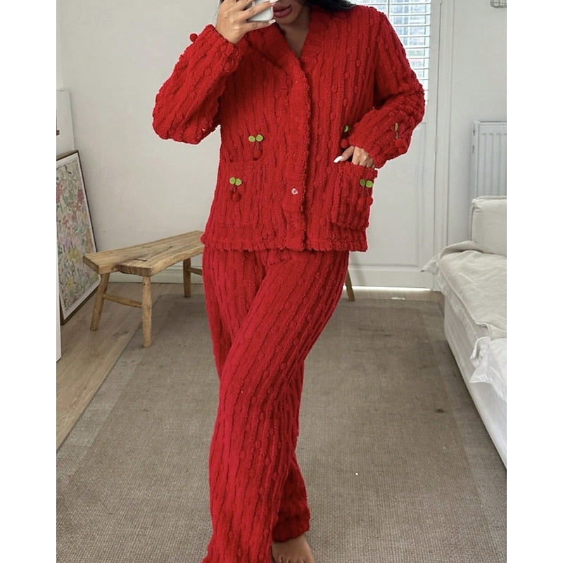 Pink fluffy cherry-detail Loungewear Set