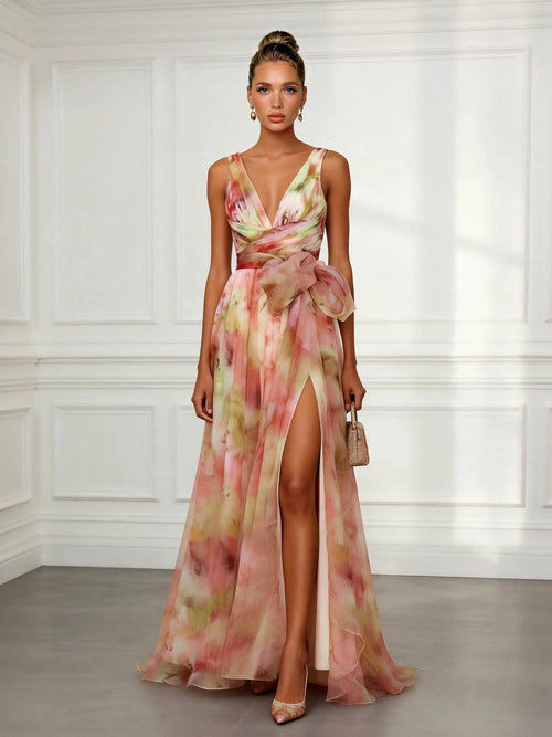 Abstract print V-neck tie-waist maxi dress — front view