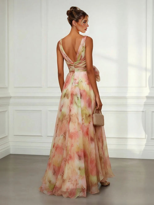 Abstract print V-neck tie-waist maxi dress — back view