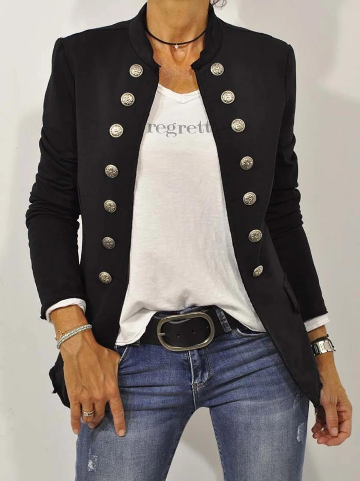 Black double breasted military style blazer with silver buttons, front view