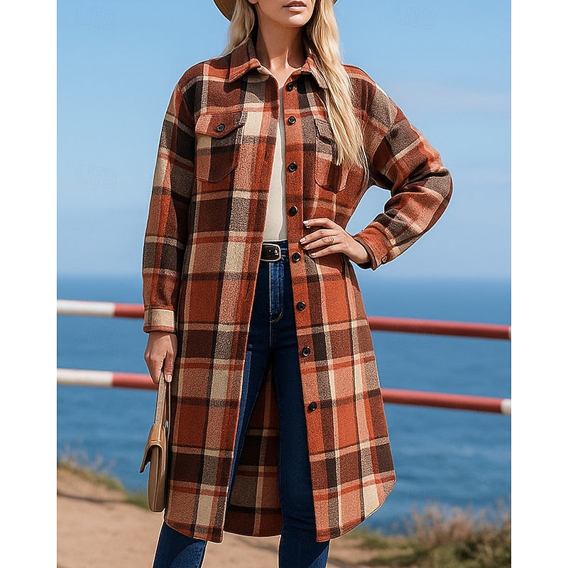 Red checked longline coat, front view with button-front and chest pocket