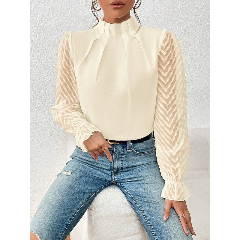 High-Neck Long Sleeve Blouse with Pleated Detail