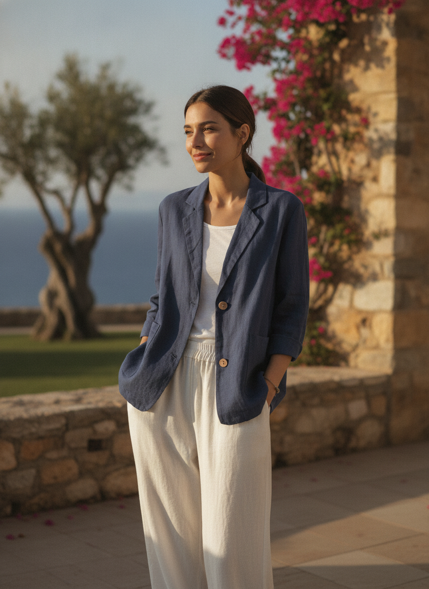 Navy classic linen blazer, front view