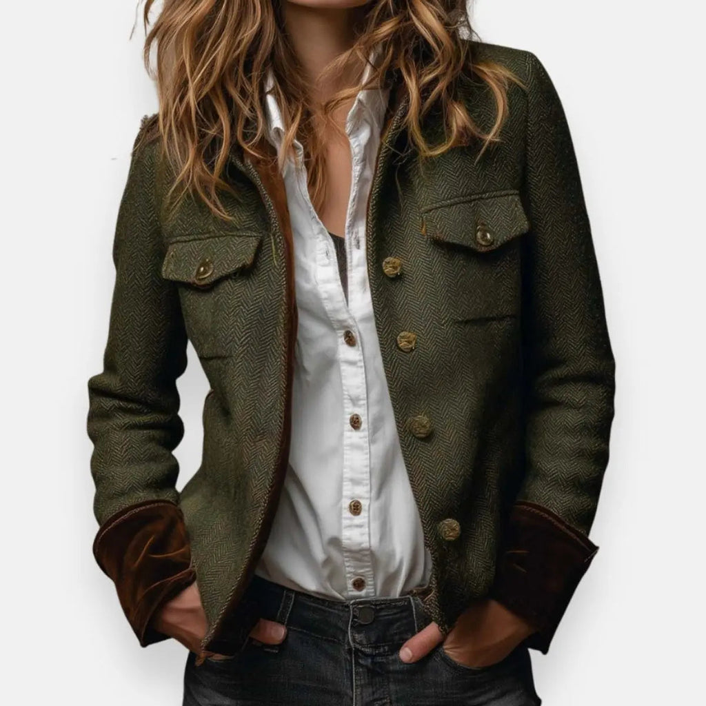 Army Green herringbone tweed quilted gold button jacket, front view