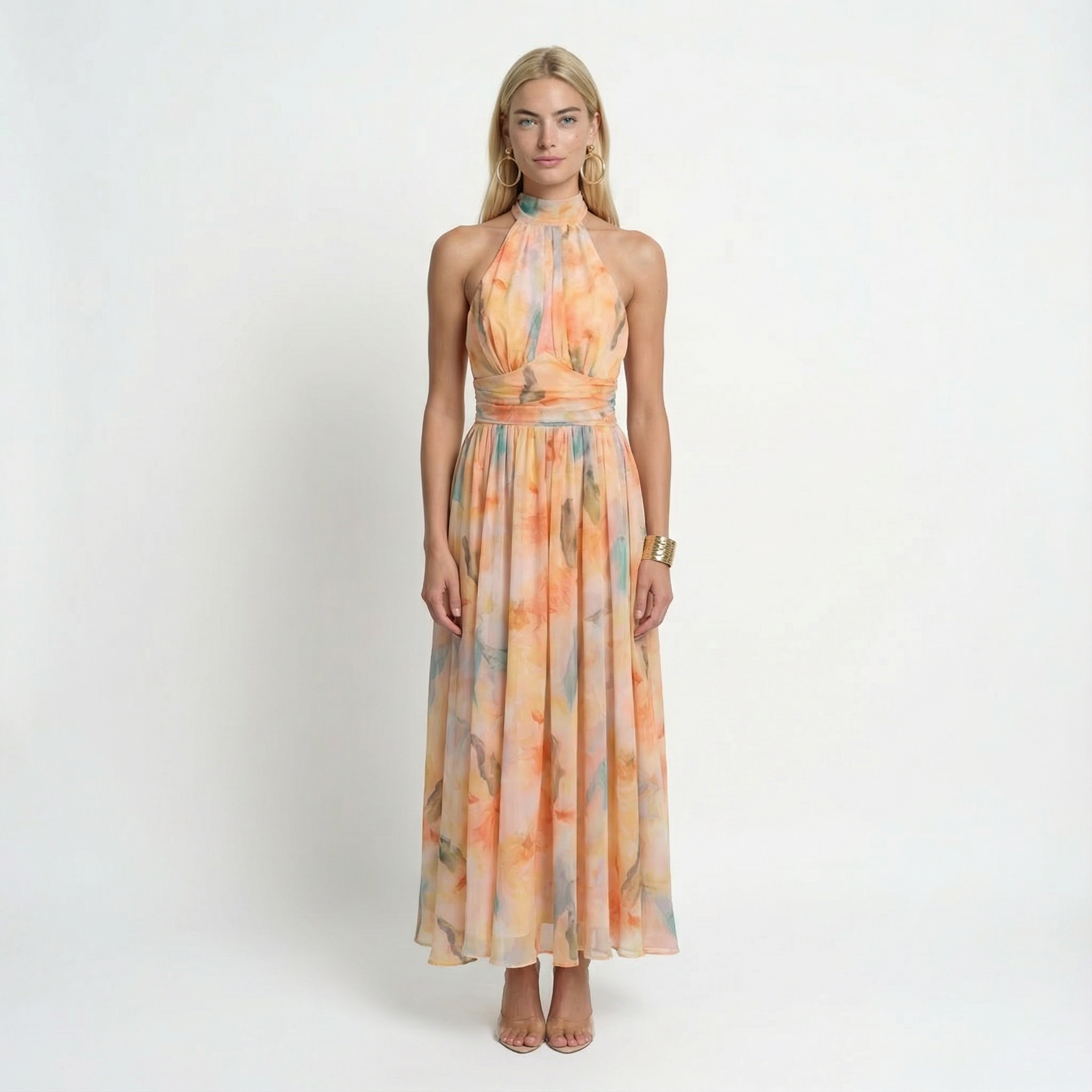 Women's watercolour print halter maxi dress with open back, front view