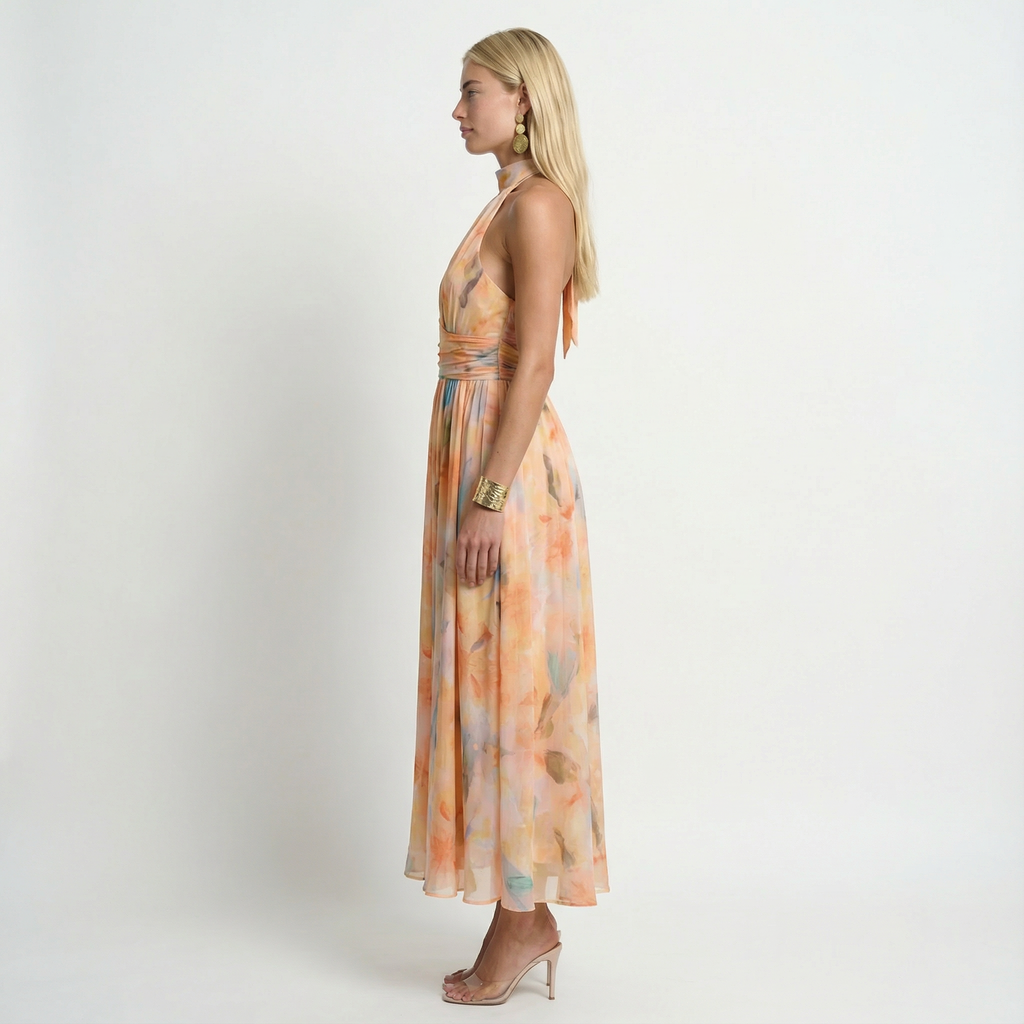 Women's watercolour print halter maxi dress, full length flowing silhouette