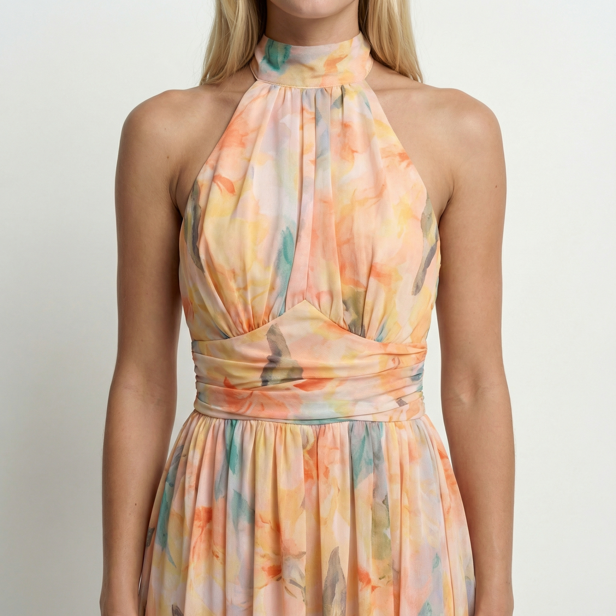 Women's watercolour print halter maxi dress with open back, side view