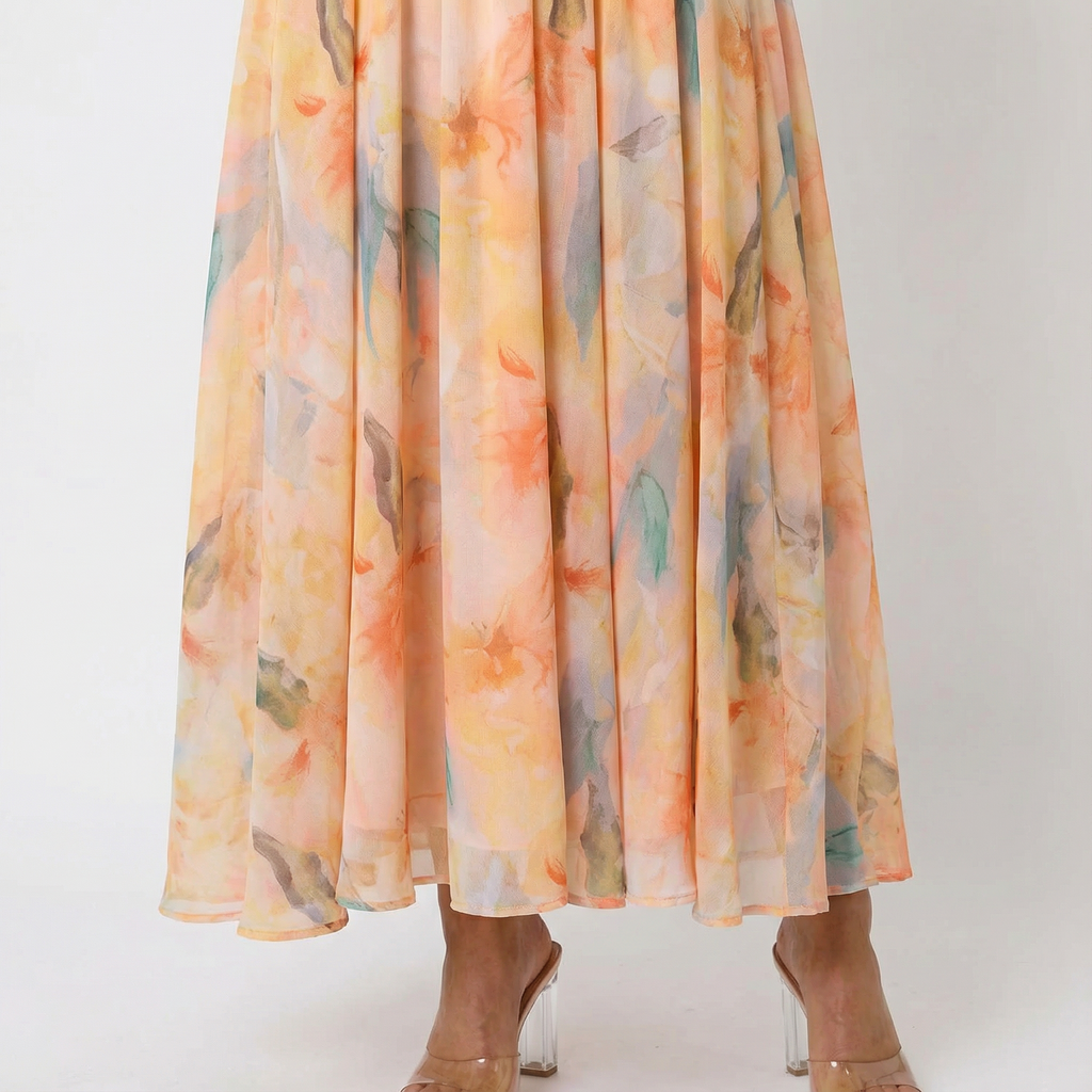 Women's watercolour print halter maxi dress, styled holiday look
