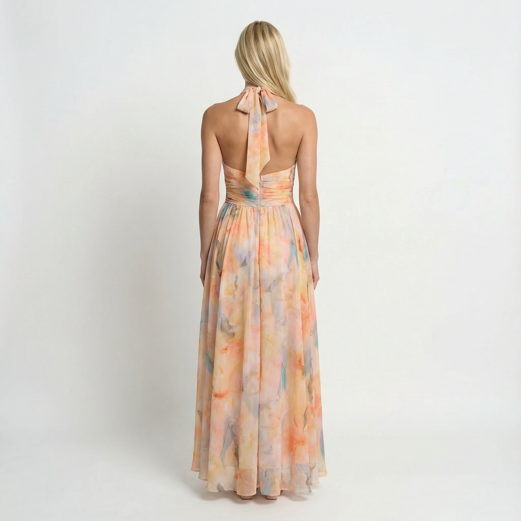 Women's watercolour print halter maxi dress, back view showing open back detail