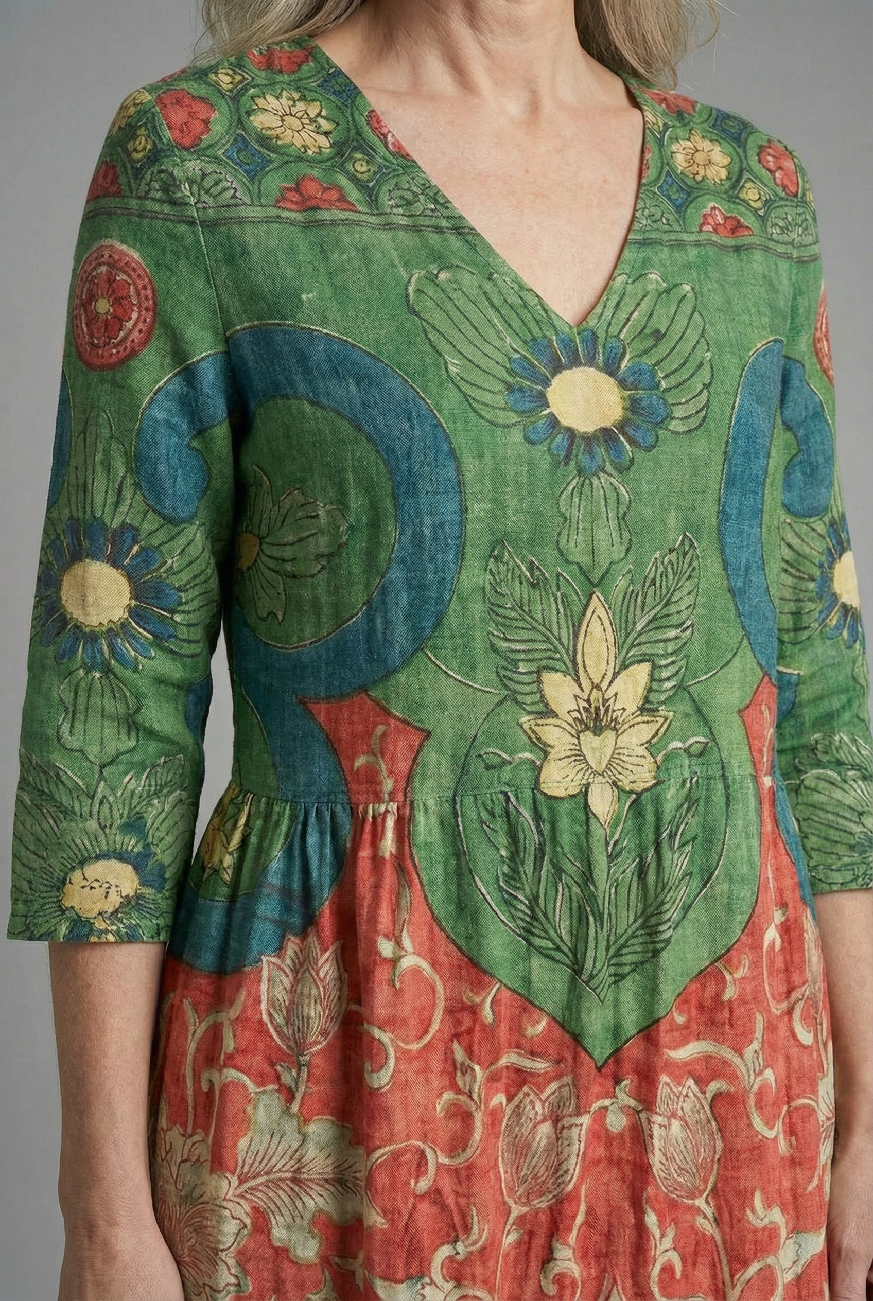Women's comfortable boho maxi dress with V-neckline – full length view