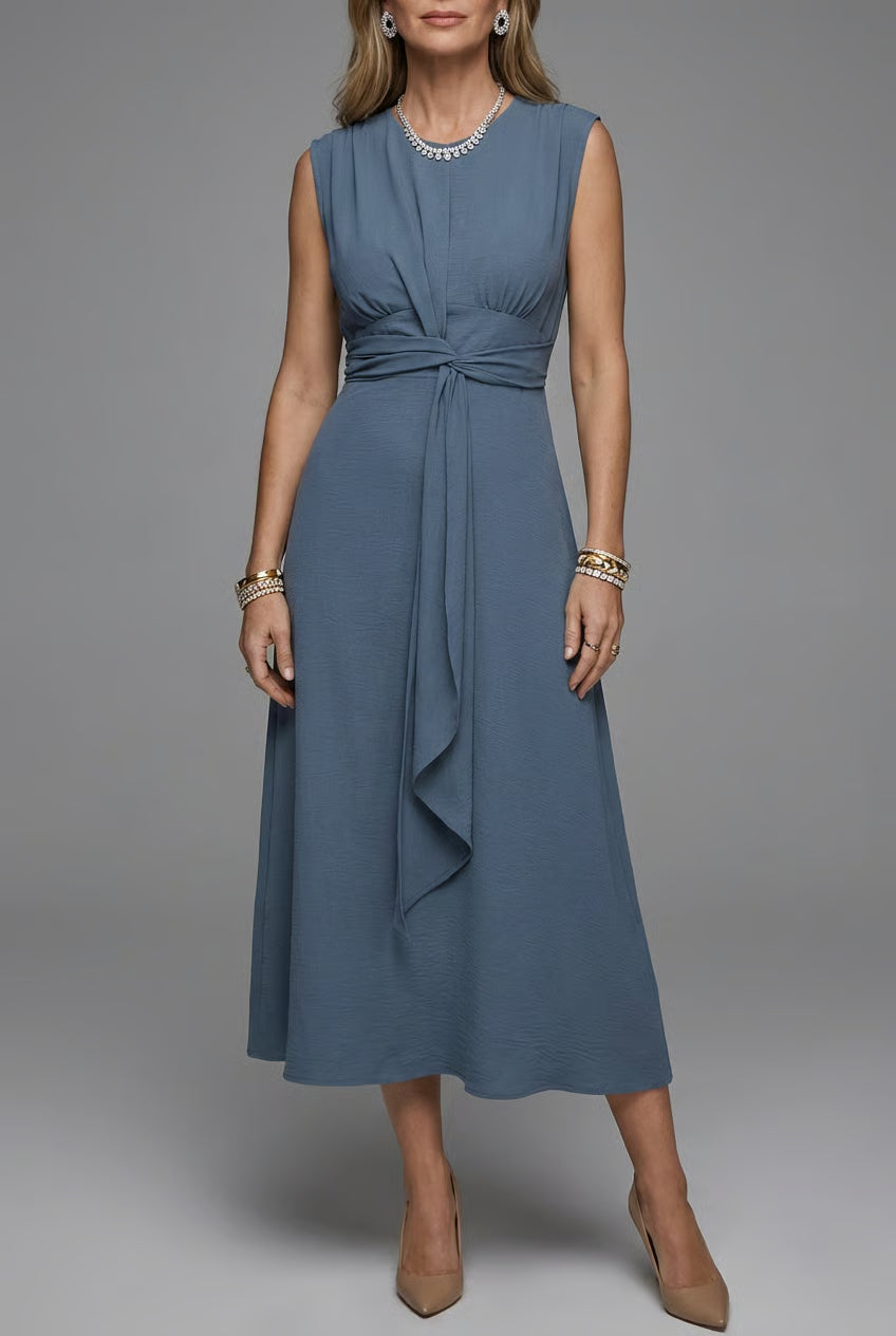 Women's sleeveless round neck midi dress side view